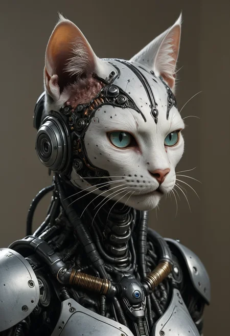a hybrid cat warrior, connected implants, synthetic, horror setting, hyperrealistic, mobe-cybideen,