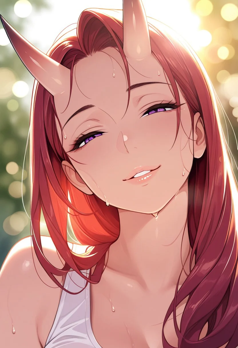 masterpiece, best quality, 1girl, solo, oni, milf, mommy, purple eyes, red hair, long hair, oni horns, looking at viewer, portrait, white tank top, sweat, outdoors, depth of field, smile, half-closed eyes, bokeh, bloom, backlighting, lens flare, head tilt, parted lips,