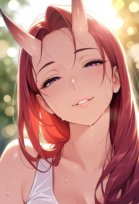 masterpiece, best quality, 1girl, solo, oni, milf, mommy, purple eyes, red hair, long hair, oni horns, looking at viewer, portrait, white tank top, sweat, outdoors, depth of field, smile, half-closed eyes, bokeh, bloom, backlighting, lens flare, head tilt, parted lips,