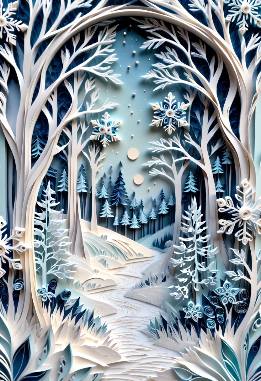 paper quilling, layered paper, snowflakes, winter forest, frost patterns, soft shadows
