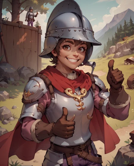 score_9,score_8_up,score_7_up,
cascaxl,brown eyes,brown hair,short hair,helmet,
armor,shoulder pads,red cape,purple pants,gloves,
standing,upper body,thumbs up, smile,
camp,plains,looking at viewer, outdoors,
<lora:cascaXL:0.8>,