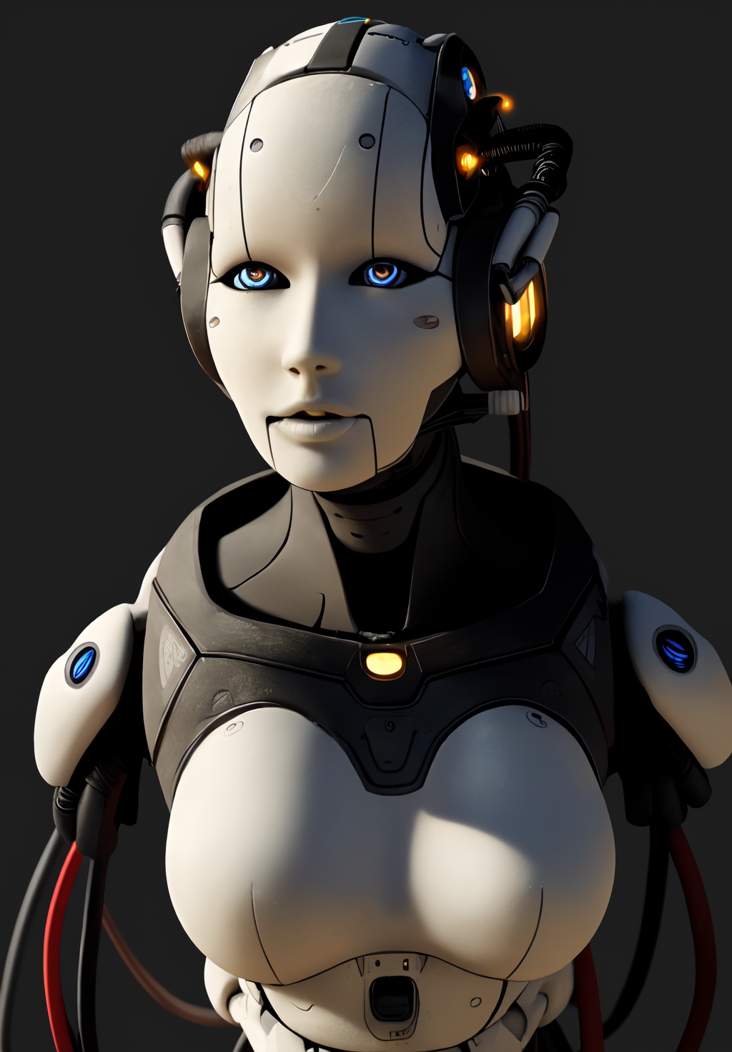 beautiful, masterpiece, best quality,perfect lighting, <lora:Adjutant:0.8>, Adjutant, 1girl, solo, simple background, no humans, black background, joints, cable, tubes, upper body,