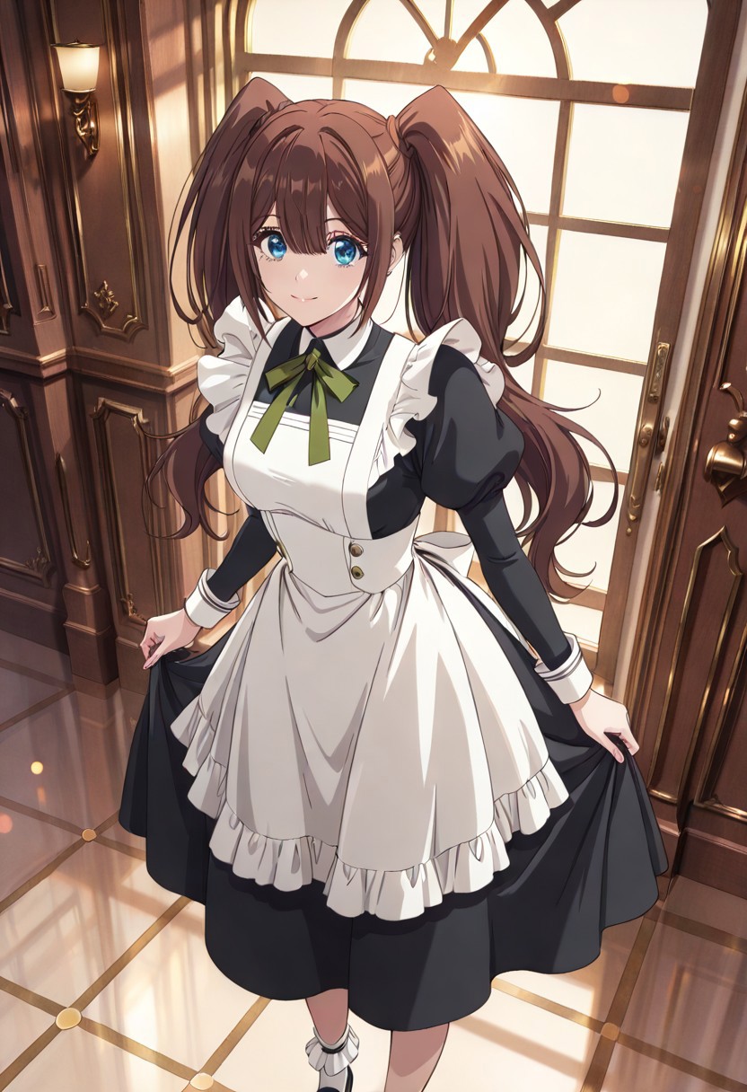 score_9, score_8_up, score_7_up, dynamic view,  solo, looking_at_viewer, 1girl, 
masterpiece, best quality, bokeh, luminescent background,
( maid lena,, brown hair, bangs, hair between eyes, twintails, blue eyes, maid headdress,  medium breasts, , black dress, maid dress, maid apron, white apron,  long sleeves, puffy sleeves, juliet sleeves,  ribbon, socks, white socks, frilled socks, black footwear, 
 , )
portrait, happy