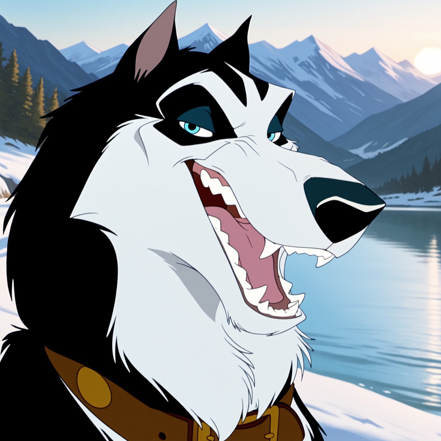 uncensored, masterpiece, best quality, highly detailed, realistic, 1boy, solo, SteeleBT, furry, feral, canine, dog, husky, blue eyes, back pupils, black nose, black body, black fur, white body, white fur, two tone body, two tone fur, brown dog collar, upper body, sitting, close-up, smile, open mouth, looking at viewer, snow, lake, outdoor, mountains, detailed background, face focus, sharp teeth, canine teeth, narrowed eyes