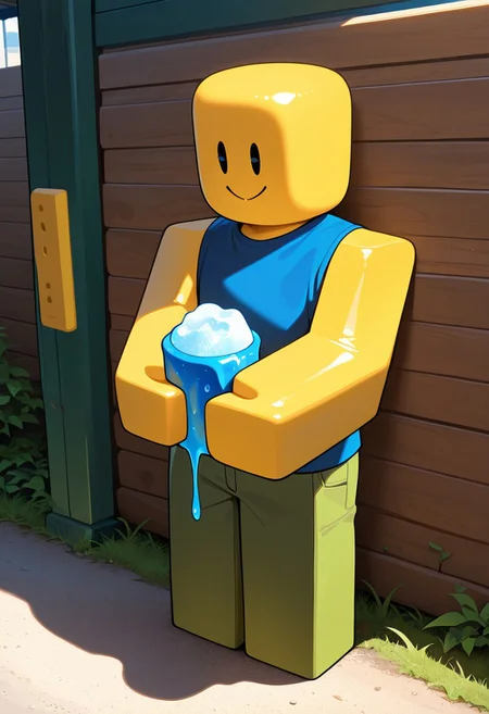 masterpiece, best quality, amazing quality, very aesthetic, absurdres, newest,
outdoors, holding slushie, straw, 
noob, solo, smile, colored skin, yellow skin, 1boy, yellow block arms, green block legs, round head, , closed mouth, blue shirt, green pants, solid oval eyes, sleeveless,