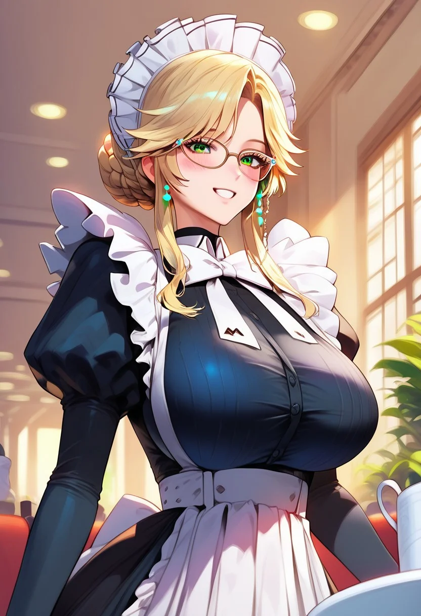 score_9, score_8_up, score_7_up, perfect, high quality, best quality, ultra-detailed, very aesthetic, illustration, perfect composition, intricate details, absurdres, high res image, masterpiece, vibrant colors, beautiful face, detailed face, 1girl, solo focus, perfect eyes, detailed eyes, female, ade, green eyes, glasses, blonde hair, bangs, braid, hair bun, pale skin, huge breasts, wide hips, huge ass, (maid, maid headdress, white bow, juliet sleeves, puffy sleeves, frills, maid apron), (blushing, small smile), (indoors, cafe)