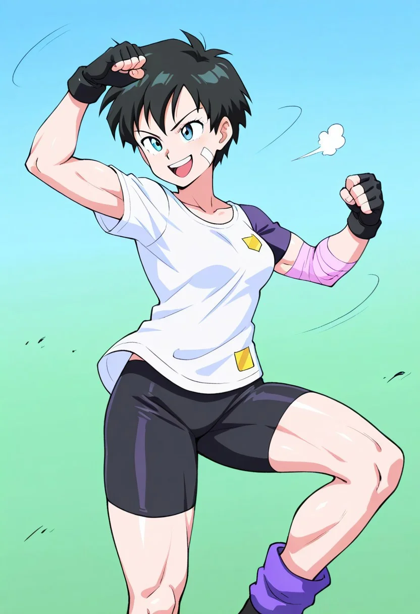 1girl, videl, blue eyes, black hair, short hair, black eyes, bandage on cheek, one arm up in the air, medium_breasts. bandage on left arm, white shirt with purple sleeves, black biker shorts, black gloves, holes in clothes, smile, open mouth, dynamic pose, fighting pose, slim muscular body, canecoffy_artstyle