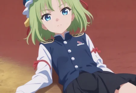 1girl, solo, solo focus, highres, absurdres, shikieiki, green hair, frilled hat, blue eyes, blue headwear, short hair, bangs,
long sleeves, black skirt, white shirt, blue vest, red ribbon, epaulettes, small breasts, arm ribbon, buttons,
looking at viewer, lying, on back,
spider lily, flower field, night sky, red sky, dark, red theme,