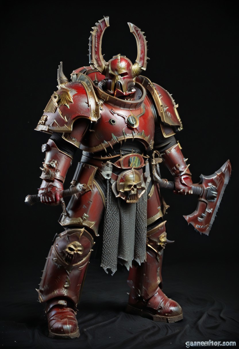 Score_9_up, absurdres, Source: GamesWorkshop, best quality, expressive eyes, perfect face, space marine, World Eaters Traitor Astartes Chapter Exalted Eightbound Berserker holding a chainsword, red armor, spiked horned astartes helmet, full body, volumetric lighting project unreal engine, mantisdetailerse, <lora:warhammerAdeptus_v1:0.7>,