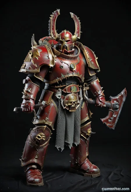 Score_9_up, absurdres, Source: GamesWorkshop, best quality, expressive eyes, perfect face, space marine, World Eaters Traitor Astartes Chapter Exalted Eightbound Berserker holding a chainsword, red armor, spiked horned astartes helmet, full body, volumetric lighting project unreal engine, mantisdetailerse, <lora:warhammerAdeptus_v1:0.7>,