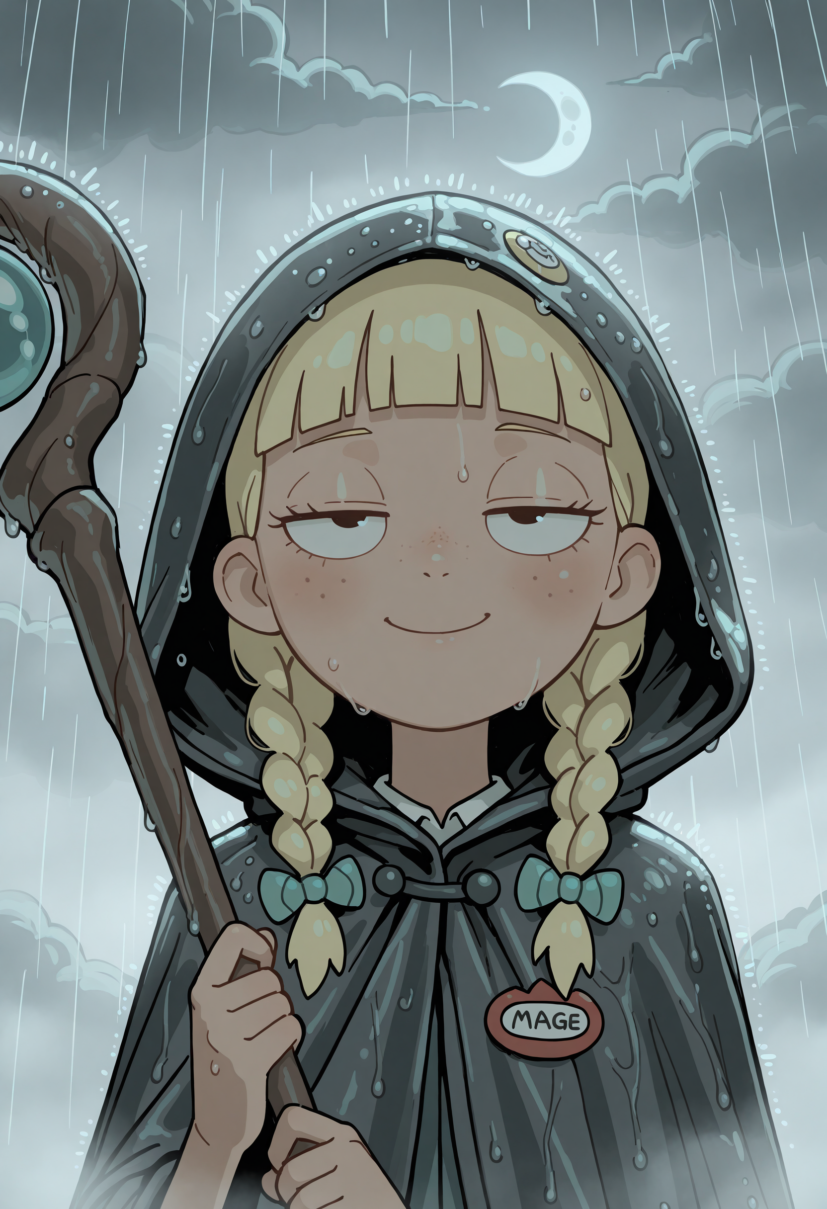 masterpiece, best quality, amazing quality, very aesthetic, high resolution, very awa,
1girl, face focus, twin braids, jitome, cloud, crescent moon, fog, holding mage staff, rain, hood up, cloak, [(realistic:0.5)::0.2],
, <lora:NOOB_EPSv1_1_detailer_by_vlnvk_v1_0:1>
, <lora:spo_sdxl_10ep_4k-data_lora_webui:.5>
,    <lora:AnnieRMIllustrious1.0JLFO:1> annie,  blonde hair, name tag,  freckles, hair bow, smile,