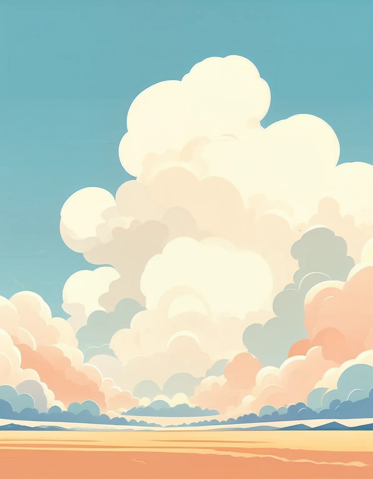 minimalistic, flat color, no lineart, vast flat landscape, gigantic clouds, simple bright background