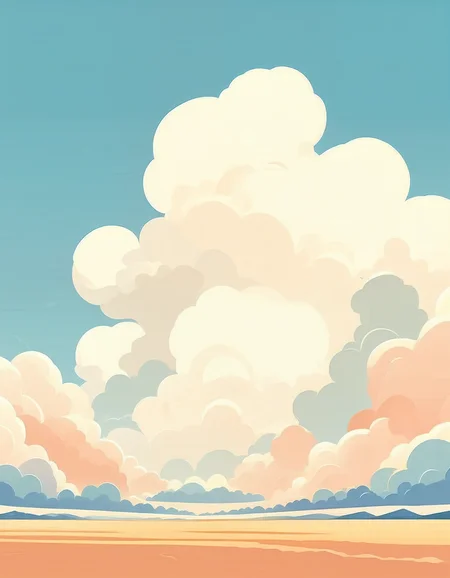minimalistic, flat color, no lineart, vast flat landscape, gigantic clouds, simple bright background