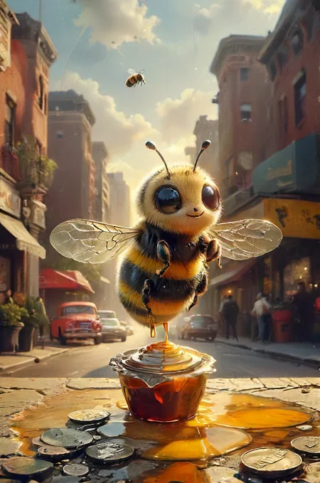 photo of a (bee:1.1) in in 70s pimp outfit in the street of new york offering honey-money for certain buzz related services, cane, hat, bling, shady street, cinematic, masterpiece, atmospheric, high quality, 8k, high resolution,  <lora:SDXL - Style - EldritchRomanceIllustration1.3.1:0.4> <lora:Fine art photography style:0.4> <lora:Moody__Time:0.4> <lora:- SDXL - creepy_n_freaks_V1.0:0.4> <lora:- SDXL - vanta-black_contrast_V3.0:0.2> <lora:tbh102-sdxl:0.3> <lora:drunken-fist03:0.2>   <lora:ral-smolinzect:0.8>