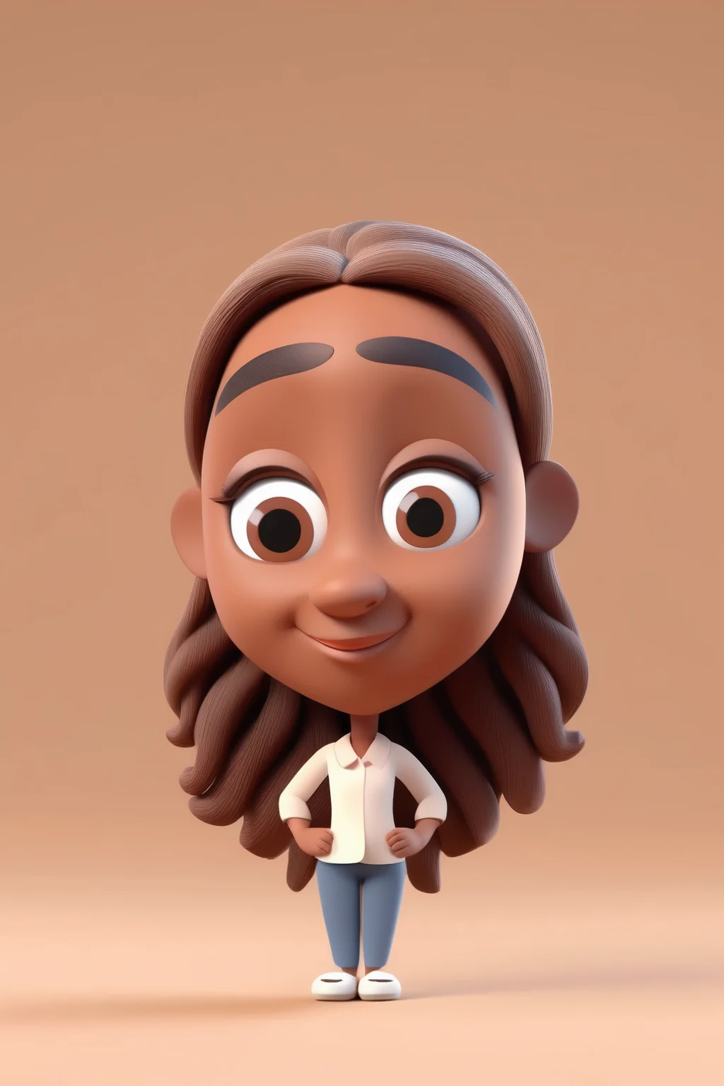 <lora:Clay Animation:1>Clay Animation - precious, tiny 3D render featuring captivating oval-shaped black eyes, light brown skin long hair woman, and a pure white background. Pay attention to the intricate details and textures to create an irresistibly cute and charming character