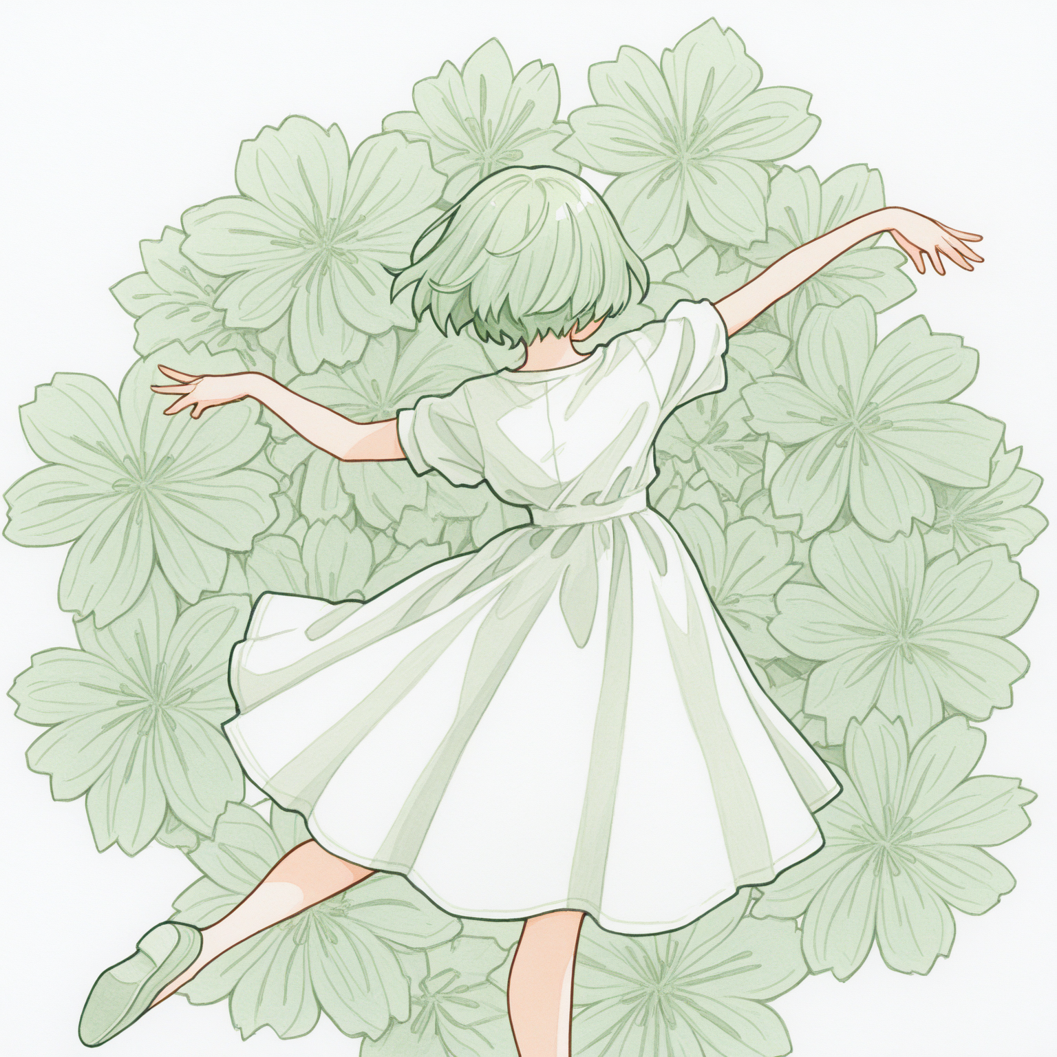 masterpiece, best quality, traditional watercolor style, paper texture, limited palette, green theme, white background, 

1girl, solo, dancing, floral background, 