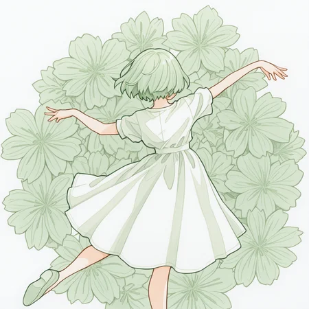 masterpiece, best quality, traditional watercolor style, paper texture, limited palette, green theme, white background,
1girl, solo, dancing, floral background,