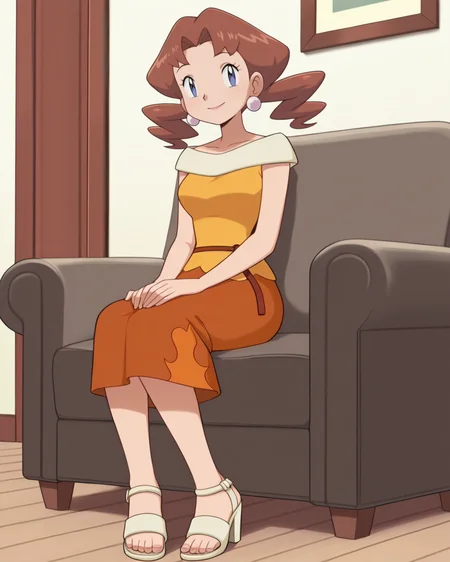 masterpiece, best quality, amazing quality, 1girl, <lora:Caroline_Pokémon:1>, carolinepok, brown hair, twintails, blue eyes, ball earrings, caroldress, yellow dress, collarbone, string belt, orange skirt, medium skirt, print skirt, high heel sandals, looking at viewer, smile, sitting, legs at side, hands on own lap, chair, living room