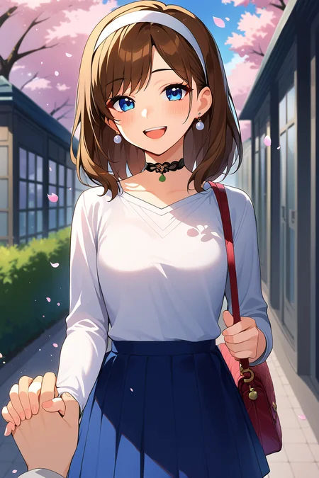 score_9, score_8_up, score_7_up, uncensored,good fingers, five fingers, best quality, high quality,1girl, skirt, pov, smile, looking at viewer, blue skirt, hairband, brown hair, choker, cherry blossoms, open mouth, pov hands, bag, outdoors, solo focus, blue eyes, handbag, earrings, shirt, jewelry, medium hair, petals, blush, long sleeves, holding hands, holding hands with girl pov sfw,<lora:Holding_hands_concept_Pony:1>, indoors