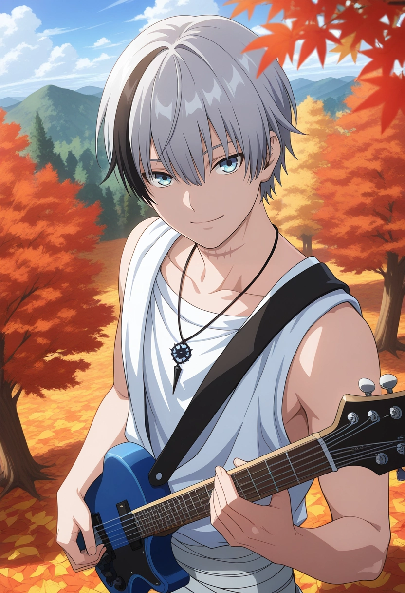 masterpiece, best quality, intricate details, , looking at viewer, 1boy, solo, male focus, <lora:polka_shinoyama_ilxl:0.92>, polka_shinoyama, grey hair, blue eyes, two-tone hair, multicolored hair, black hair, short hair, hair between eyes, streaked hair, bangs, scar, white shirt, sleeveless, necklace, from above, trees, autumn, leaves, day, clouds, holding instrument, seductive smile, mummy costume