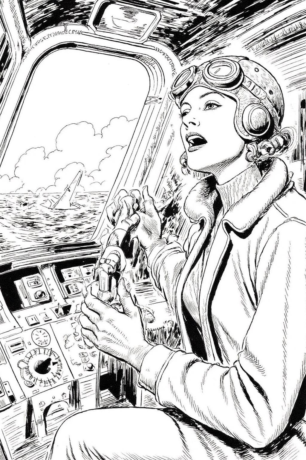 alexray1 drawing
anzo1 black and white etching.
A female pilot screaming inside the cockpit of a World War II bomber. The pilot, wearing a vintage leather flight helmet with goggles and a bomber jacket, grips the controls with white-knuckled hands. Her face is contorted in a mix of fear and determination as she yells, her eyes wide with adrenaline. The cockpit is cramped and filled with old-fashioned dials and gauges, with the outside view showing dark stormy clouds and distant anti-aircraft fire  <lora:alexray1_nocap_d6a3:1.0><lora:815513581400525699:0>
