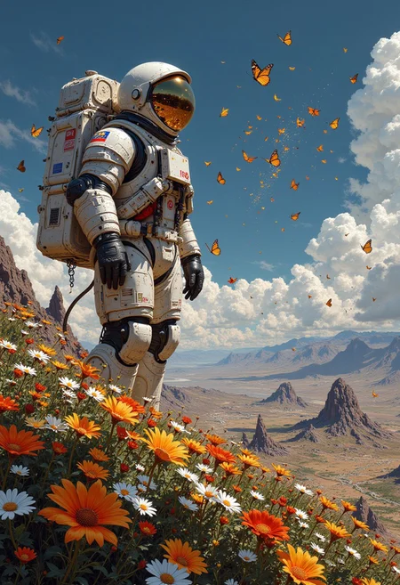 an astronaut standing sideways on with his head raised. Small bright yellow butterflies flutter above it, it stands on an unknown planet, but with very contra vegetation, beautiful flowers