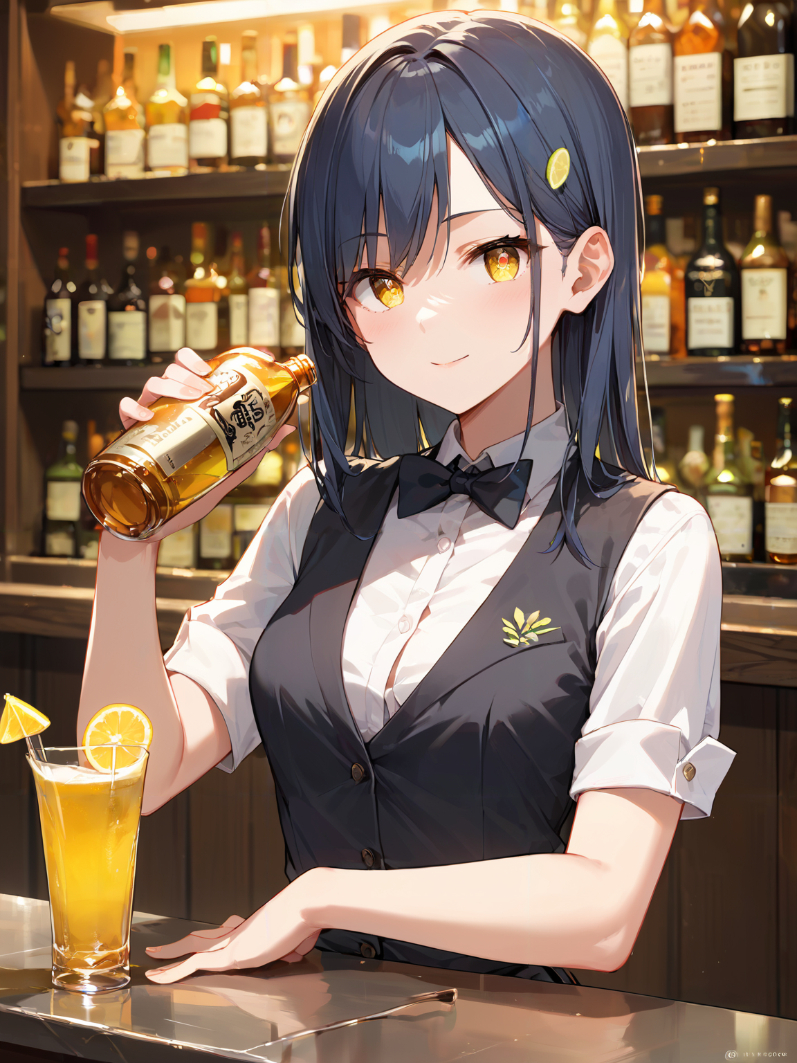 score_9, score_8_up, score_7_up,source_anime, high res image,masterpiece,best quality,girl,cute face,clear skin,shiny hair,ultra detailed eyes,simple background, <lora:bartender_pony_V1.0:0.8> bartender, shirt, bowtie, black vest,alcohol,lemon,bar