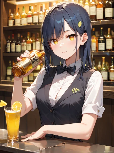 score_9, score_8_up, score_7_up,source_anime, high res image,masterpiece,best quality,girl,cute face,clear skin,shiny hair,ultra detailed eyes,simple background, <lora:bartender_pony_V1.0:0.8> bartender, shirt, bowtie, black vest,alcohol,lemon,bar