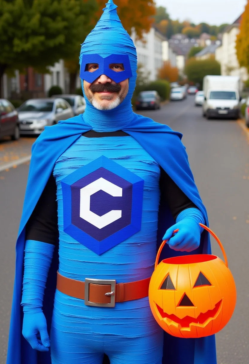 This photograph captures a man dressed in an elaborate, homemade costume inspired by the Civitai man character. The man is standing outdoors on a residential street, dressed in a blue costume made entirely of blue paper pieces, meticulously arranged. The costume features a large, blue cape with a civitaiLogo on the chest, made from paper. The man has a blue mask covering his face, also made from paper, with a pointed helmet and a mustache drawn on. The person holds a small, orange pumpkin bucket in its right hand, which features the word "moderator" on it.
