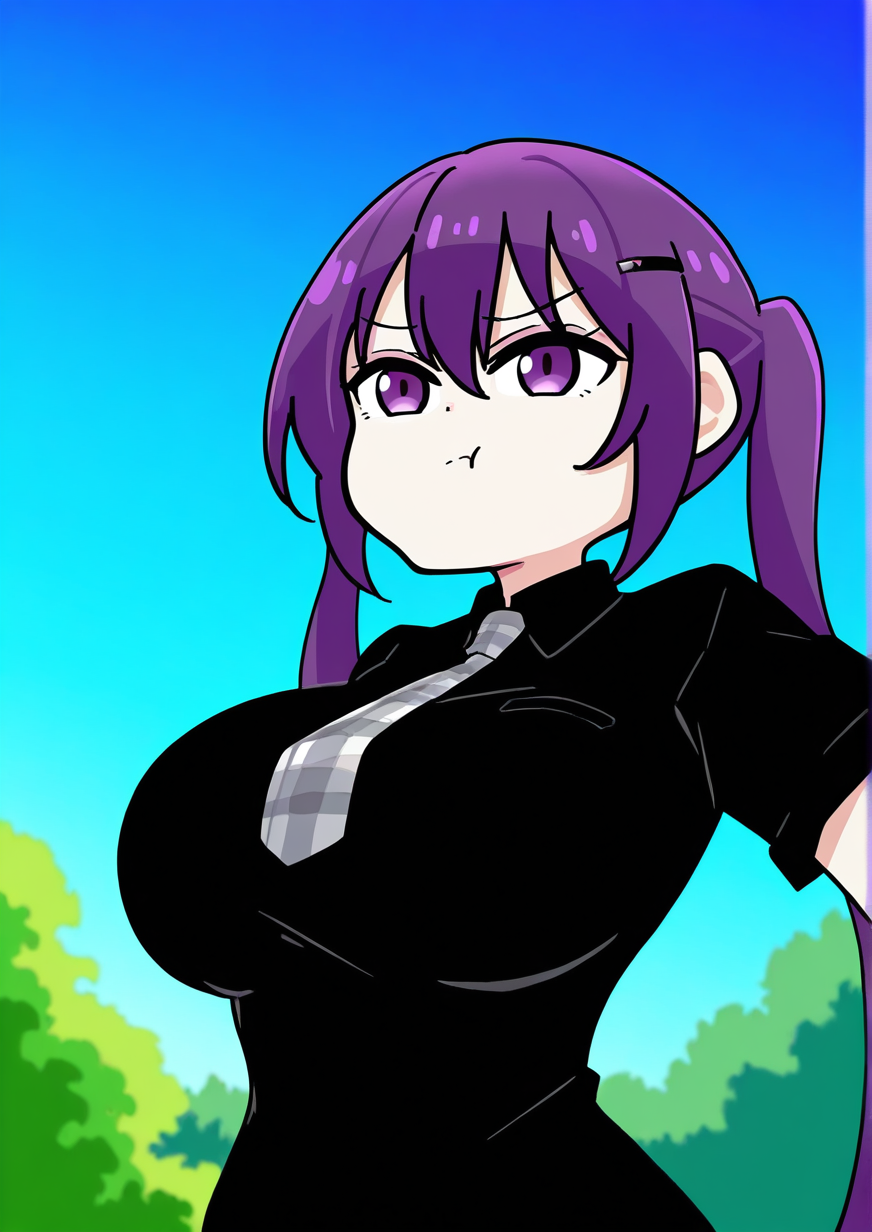 <lora:KooJ38984258:1>,1girl, tedeza rize, detailed background, huge breasts, wide hips, :t, black shirt, hair ornament, long hair, necktie, outdoors, plaid, plaid necktie, purple eyes, purple hair, school uniform, shirt, solo, tedeza rize's school uniform, twintails, upper body, 
very awa, masterpiece, best quality, highres, absurdes,amazing quality,year 2024,newest