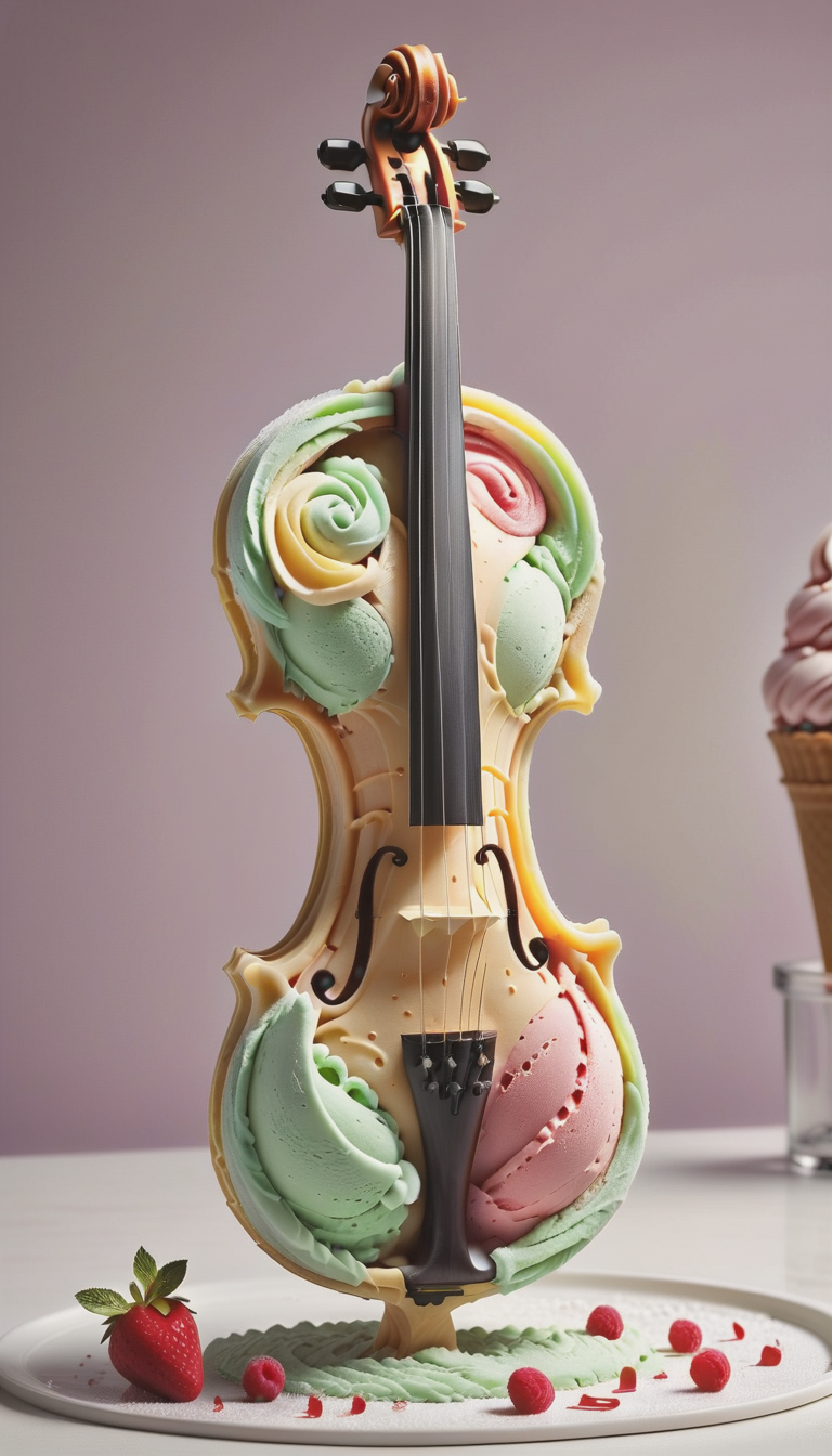 <lora:Gelato_Style_XL:1>GelatoStyle Violin, made from gelato ice cream, (Masterpiece:1.3) (best quality:1.2) (high quality:1.1)