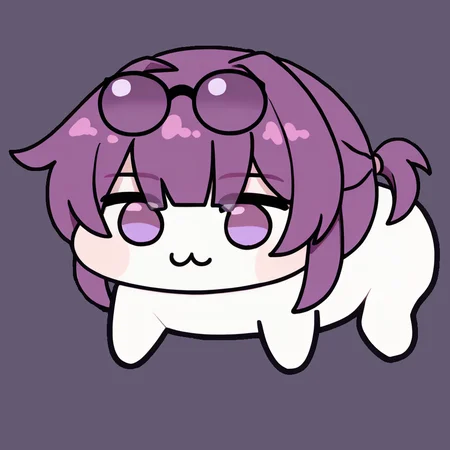 <lora:Doro_X_PDXL_V1:1.0> doro, creature, :3, chibi, purple eyes, no humans, white skin, four legs, solid circle eyes, no pupils, <lora:kafkahsr-ponyxl-bshi-v1:1.0> KafkaHSR, pince-nez, eyewear on head, purple hair, sidelocks, short ponytail, purple eyes, empty eyes, simple background,