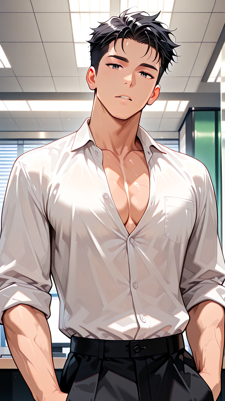 1boy, general, black hair, in office, muscular, white shirt, black pants, rolled sleeves, hands in pockets, top button opened, head tilted, looking at viewer, masterpiece, very aesthetic