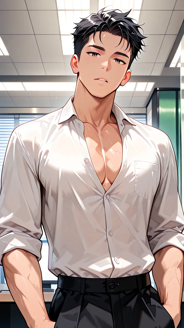 1boy, general, black hair, in office, muscular, white shirt, black pants, rolled sleeves, hands in pockets, top button opened, head tilted, looking at viewer, masterpiece, very aesthetic