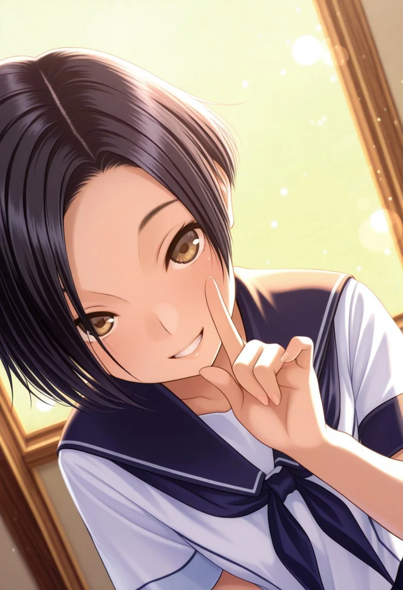 1girl, k_rinko, black hair, r_s_clothes,white shirt,short_sleeves,blue neckerchief,pleated skirt, grin, shushing, close-up,, looking at viewer, simple background, sexy pose, outsides,masterpiece, best quality, ultra-detailed, best illustration, soft lighting, bloom, light particles, glow, shiny hair, detailed background, dynamic lighting, volumetric lighting, dynamic pose, dynamic angle,