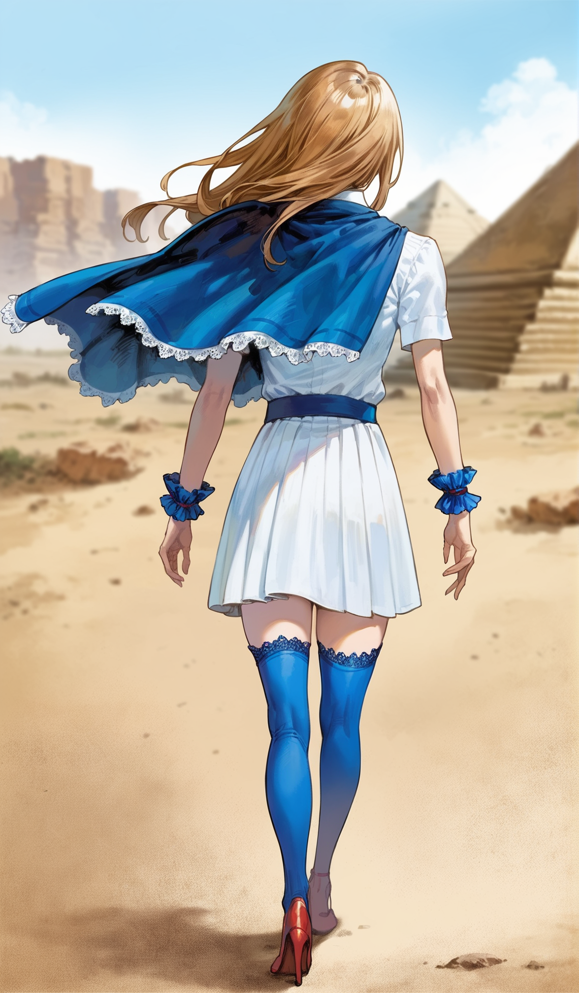 score_9,score_8_up,score_7_up,
highres,highly detailed,
<lora:CharlotteAulin:1>,
charlotteaulin,
1girl,solo,
brown hair,long hair,
blue eyes,
blue cape with white lace trim,white dress,white lace trim collar,red tie with white lace trim,short puffed sleeves,blue wrist cuffs,(blue wrap skirt:1.1),
blue lace thigh socks,red heels,
back view,walking,
blurry background,vignetting,outdoors,black sun,dark,light particles,pyramid in the background,desert,heat wave,