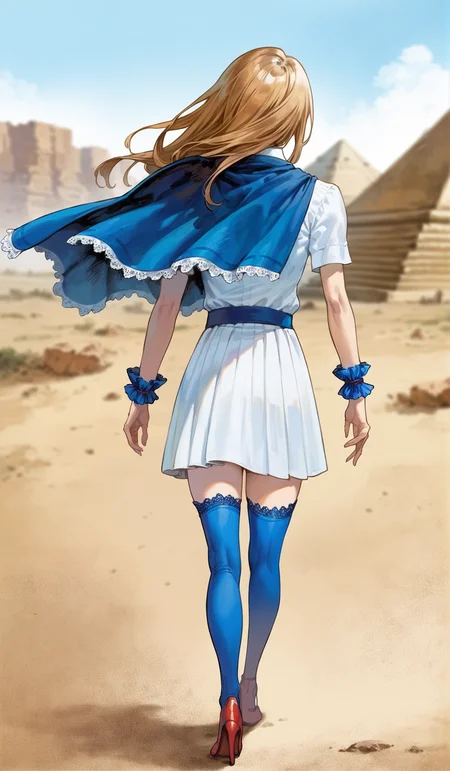 score_9,score_8_up,score_7_up,
highres,highly detailed,
<lora:CharlotteAulin:1>,
charlotteaulin,
1girl,solo,
brown hair,long hair,
blue eyes,
blue cape with white lace trim,white dress,white lace trim collar,red tie with white lace trim,short puffed sleeves,blue wrist cuffs,(blue wrap skirt:1.1),
blue lace thigh socks,red heels,
back view,walking,
blurry background,vignetting,outdoors,black sun,dark,light particles,pyramid in the background,desert,heat wave,