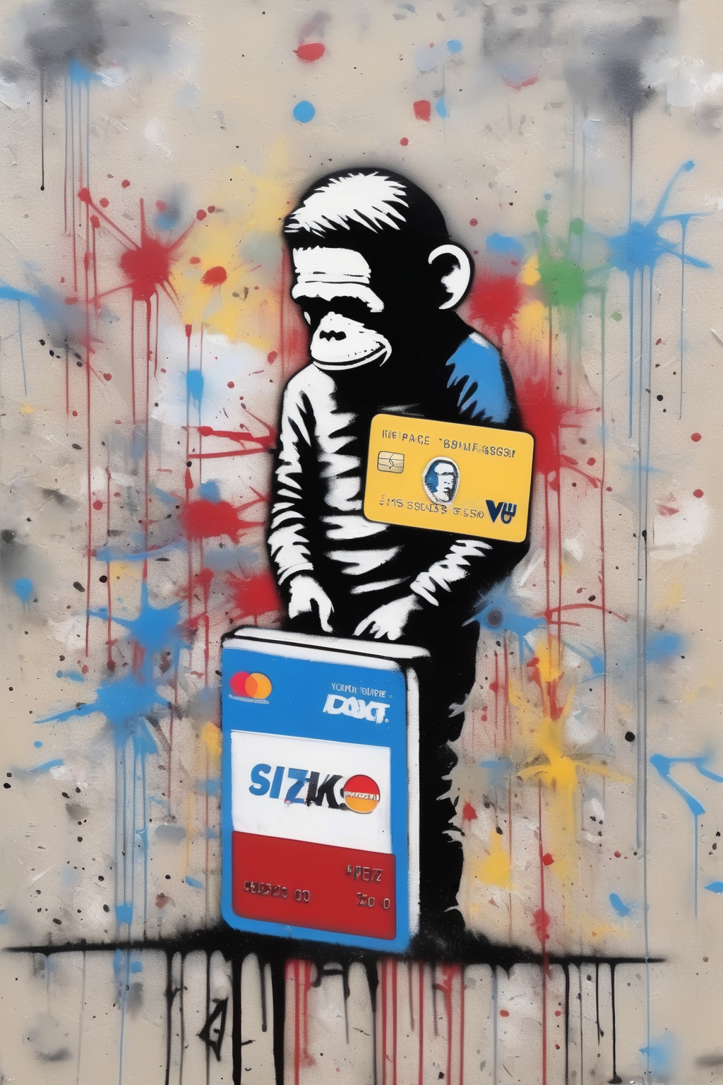 <lora:Martin Whatson Style:1>Martin Whatson Style - credit card pop art grunge Banksy painting