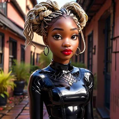 score_9, score_8_up, score_7_up, score_6_up, score_5_up, score_4_up, 1girl, solo, 40 years old, beautiful woman, mature woman, beautiful face and eyes, sexy lips, (multicolor box braids, blonde braids, thick box braids, knotless braids), neon background, lipstick and eyeshadow, realistic, latex gloves, latex boots, cute, black woman, dark skin, (high angle, full body), high detail, cute, edgy, side view<lora:Pony_XL_Colorful_Box_Braids-000006> <lora:detailed_notrigger> <lora:Cute_3D_Cartoon> <lora:black_woman-000002>