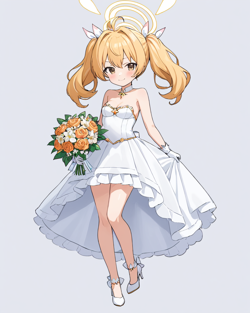 breathtaking,yoshimi \(blue archive\),1girl, solo, white_gloves, high_heels, wedding_dress, ahoge, elbow_gloves, cleavage, white_footwear, white_dress, twintails, bare_shoulders, tiara, hair_flower, strapless_dress, looking_at_viewer, smile, full_body, white_background, collarbone, standing, holding_bouquet, blush, halo, medium_breasts, rose, closed_mouth
   <lora:Yoshimi_image164_v1-000035:1> . gorgeous,key visual, vibrant, studio anime,award-winning, professional, highly detailed,high budget, cinemascope