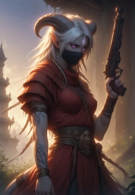(absurdres, best quality, masterpiece:1.4), score_9, score_8_up, score_7_up, score_6_up, detailed, detailed body, detailed face, world of warcraft, fantasy,
fFaceDetail, SkinDetail, ((female, draenei, tall, athletic arms, pale white skin, smooth skin, long white hair, purple eyes, no pupil, no sclera, long white tail), (h0rns, ram horns, white horns),
(long fingers, purple fingernails, purple nail polish)),
(long loose red dress, simple armlet, black facemask, red silk scarf), GunMonk, shotgun, holding shotgun,
full body, side view
outdoor, evening, mountains,