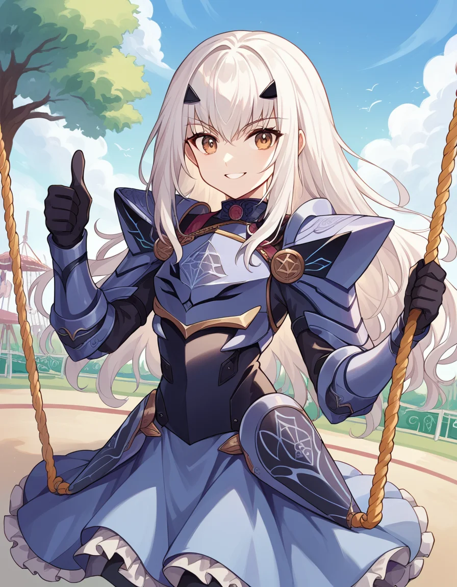 score_9, score_8_up, score_7_up, source_anime, <lora:fgo-melusine-ponyxl-lora-nochekaiser:1>, melusine, brown eyes, long hair, white hair, sidelocks,, armor, armored dress, black dress, black gloves, blue armor, blue dress, breastplate, dress, faulds, gloves, mask, pauldrons, short dress, shoulder armor,, public park, playground, swing set, laughter, sunny day, smile, looking at viewer, hand showing a thumbs up, solo,, cowboy shot, dutch angle
