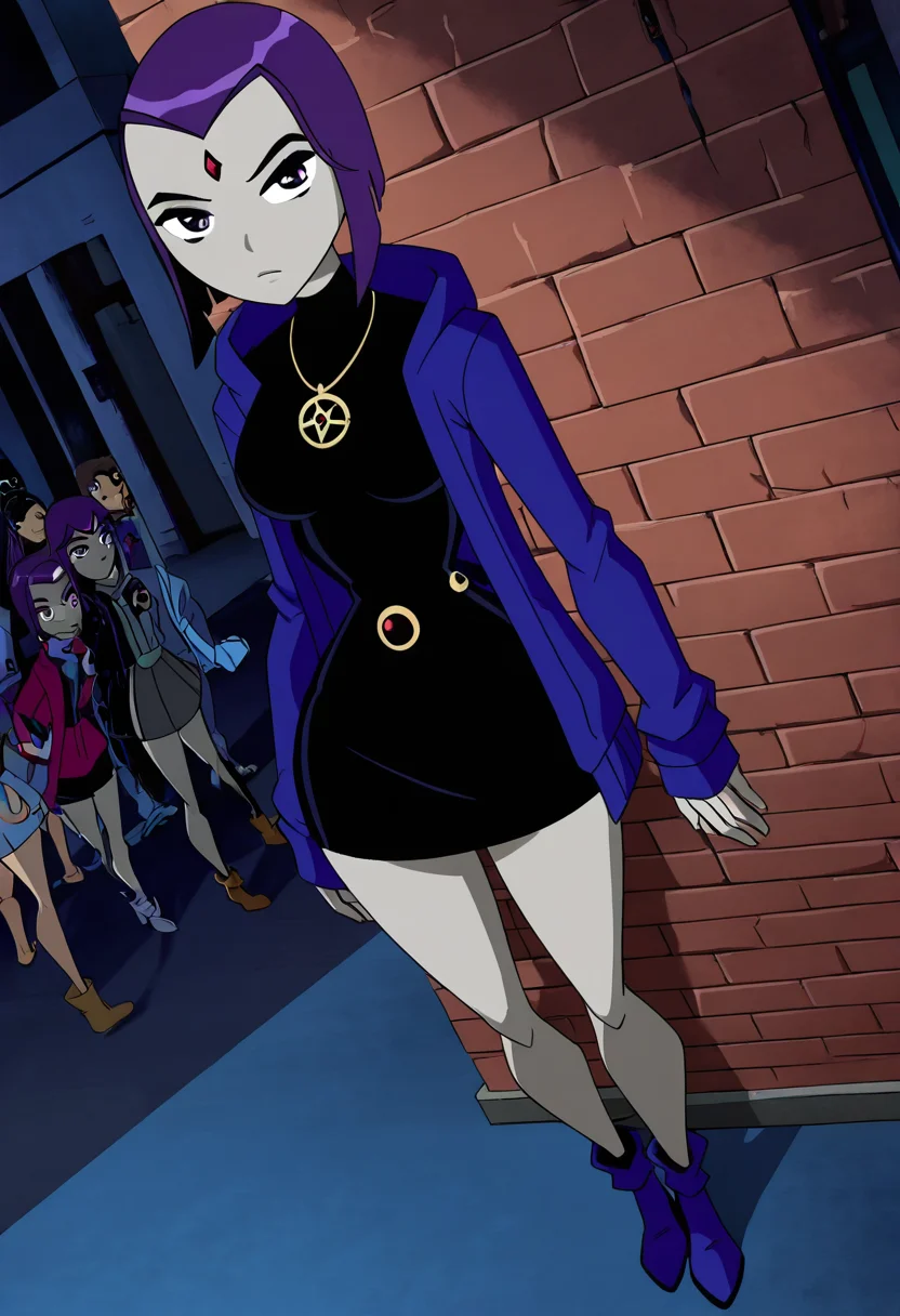 masterpiece, best quality, solo, curvy, beautiful eyes,  narrow waist, wide hips,  zzRaven, purple eyes, purple hair, short hair, grey skin, forehead jewel, colored skin,  ,       <lora:RavenTT_IXL:1.0>,   dynamic angle, foreshortening, close up, [Witchy Urban Fashion], Black crop top, high-waisted skirt, oversized cardigan, ankle boots, pentagram necklace, Leaning against a brick wall under moonlight, surrounded by quiet, magical energy on a dim street corner.