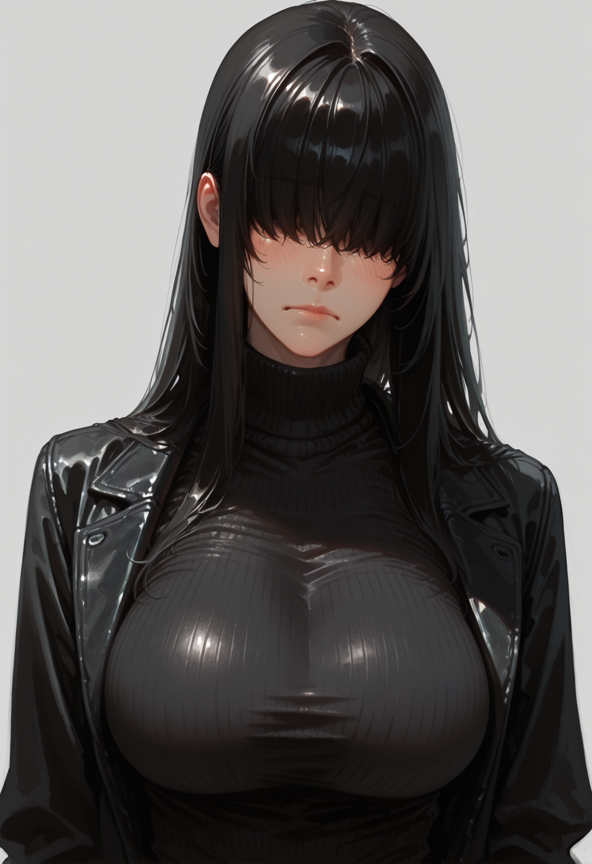 1girl, hair over eyes, solo, breasts, long hair, turtleneck, large breasts, black hair, sweater, turtleneck sweater, upper body, jacket, ribbed sweater, black sweater, closed mouth, blush, facing viewer, covered eyes, frown, black jacket, long sleeves, sidelocks, simple background, straight hair, grey background, masterwork, masterpiece, best quality, dynamic lighting , dynamic pose,,  dynamic angle, , , (realistic:1.2), (lineless:1.2), detailed, <lora:Detailer_NoobAI_Incrs_v1:1>, , aged up, adult, depth of field, dynamic lighting, blurry,