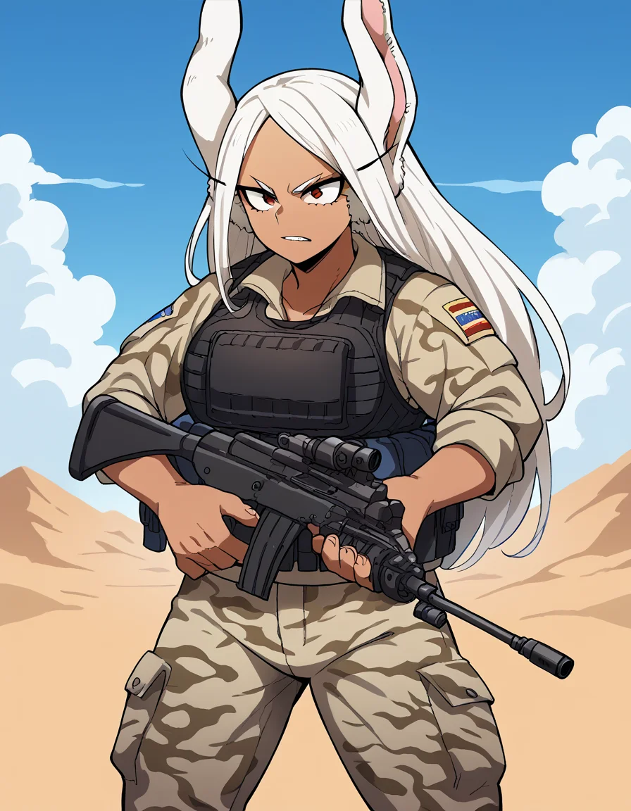score_9, score_8_up, score_7_up, source_anime, <lora:rumi-usagiyama-ponyxl-lora-nochekaiser:1>, rumi usagiyama, long hair, animal ears, white hair, dark skin, rabbit ears, dark-skinned female, rabbit girl, red eyes, parted bangs, large breasts, <lora:military-combat-uniform-ponyxl-lora-nochekaiser:1> military combat uniform, camouflage jacket, camouflage, load bearing best, camouflage pants, soldier, bulletproof vest, combat helmet, assault rifle, rifle,, desert, sun, blue sky,, cowboy shot,