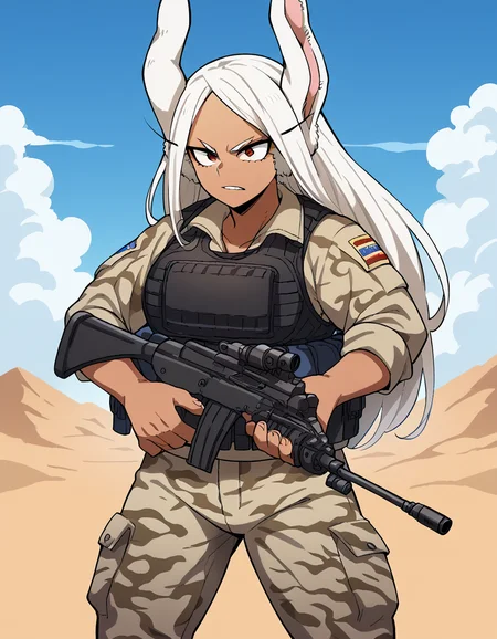 score_9, score_8_up, score_7_up, source_anime, <lora:rumi-usagiyama-ponyxl-lora-nochekaiser:1>, rumi usagiyama, long hair, animal ears, white hair, dark skin, rabbit ears, dark-skinned female, rabbit girl, red eyes, parted bangs, large breasts, <lora:military-combat-uniform-ponyxl-lora-nochekaiser:1> military combat uniform, camouflage jacket, camouflage, load bearing best, camouflage pants, soldier, bulletproof vest, combat helmet, assault rifle, rifle,, desert, sun, blue sky,, cowboy shot,