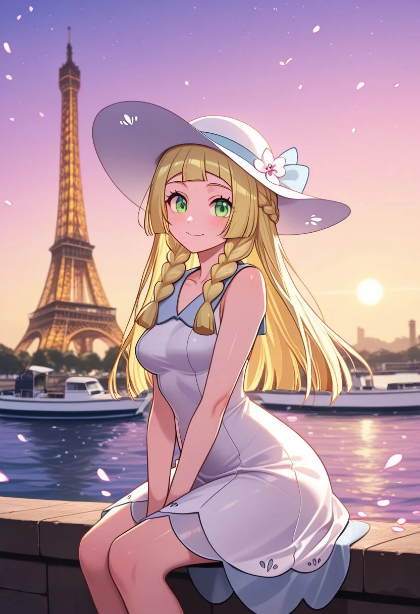 masterpiece, best quality, medium breasts, (curvy),   BREAK, zzLillie, long hair, braid, sun hat, white headwear, collarbone, sleeveless dress, white dress,  zzEiffelTower in background,  sitting, watercraft, boat, sitting on wall, side view, looking at viewer, smile,,, blooming stars, luminescent petals, otherworldly fragrance blurry background,