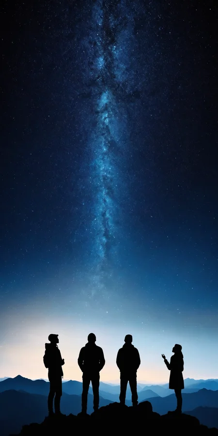 <lora:HMSGåªå½±XL-000001:0.8>,Group of people standing,silhouette,mountain top,starry night sky,mysterious,majestic,surrealism style,high contrast,high definition photography,black and deep blue colors,