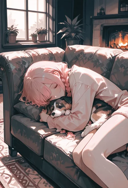 incredibly absurdres, masterpiece, muted color, volumetric lighting,depth of field,
1woman,pink hair single braid, cuddle a dog, lying on a rug, couch, window, potted plant, fireplace, upper body, legs out of frame,
