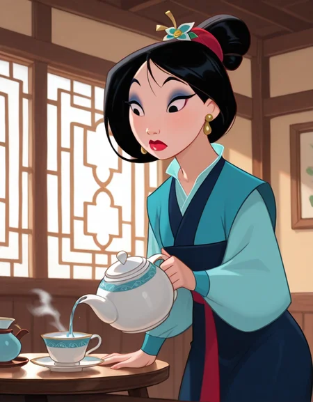 masterpiece, best quality, amazing quality, very aesthetic, absurdres, newest, detailed background, cowboy shot, 4k, 8k,
mulanxd, 1girl, black hair, solo, earrings, jewelry, teapot, cup, hair ornament, single hair bun, makeup, black eyes, hair bun, steam, indoors, teacup, table, window, japanese clothes,
<lora:Mulan_-_Disney_Illustrious:1>